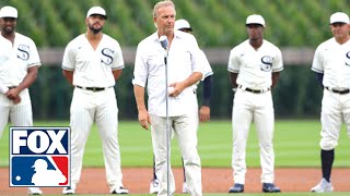 Kevin Costner leads the Yankees and White Sox out of the cornfield at MLB at Field of Dreams [upl. by Ahseikal]