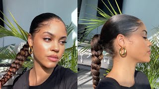 SLEEK BACK LONG PONYTAIL BRAID ON CURLY HAIR EASY BEGINNER FRIENDLY [upl. by Brendon]