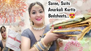 Peachmode Haul  Silk Saree Designer Suit Anarkali Kurtis and Bedsheets Haul  Peachmode [upl. by Eadnus598]