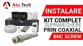 Kit complet supraveghere 4 camere de exterior prin mufe BNC SCREW si alimentare la SURSA [upl. by Horodko139]