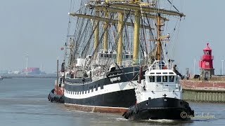 Viermaster tallship KRUZENSHTERN BJ 1926 inbound Emden 2 tugs assist UCVK IMO 6822979 [upl. by Hterag]