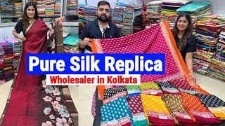 Pure Silk Replica Art Silk Muslin Jamdani Cotton Hand Paint amp Crepe Saree Wholesaler in Kolkata [upl. by Netsirt]