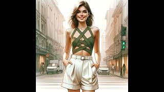 The model wears a crossdesign halter top in earthy green and tailored highwaisted white shorts [upl. by Ueih]