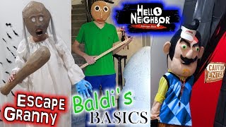 Escape the Babysitter Granny Baldis Basics amp Hello Neighbor in Real Life Pranked Out of Our House [upl. by Amaris]