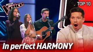 Perfectly HARMONIZED Blind Auditions on The Voice  Top 10 [upl. by Yelats]