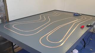 Scalextric slot car track layout  demo race  2 lanes reversible driving routed mdf wooden layout [upl. by Ahsimaj]