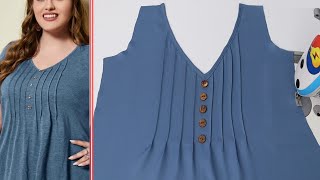 Very easy V neck design with pin tucks to kurti cutting and stitching Sewing Tutorial and Technique [upl. by Joellyn]