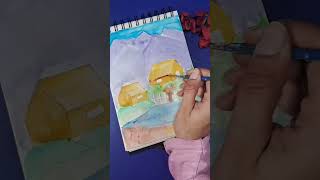 Landscape  Using water colours  Village view  Mountains  Trees  Simple art [upl. by Nisior]