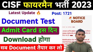 CISF Fireman Admit Card 2023  Documents Test Date 2023 CISF Fireman Documents Test Admit Card 2023 [upl. by Dorcas]