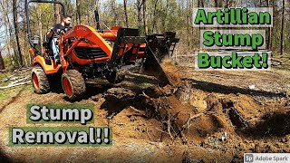 Kubota BX Digging up stumps with the FEL Artillian Stump Bucket [upl. by Kcirrag]