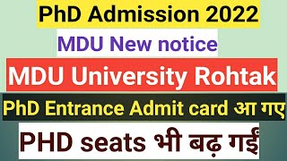 PhD ADMISSION 2022  MDU University Rohtak PhD Entrance Admit card out MDU University Rohtak [upl. by Whitcomb664]