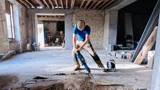 Removing hardwood floor glued by tar  American couple renovating a stone house [upl. by Pish]