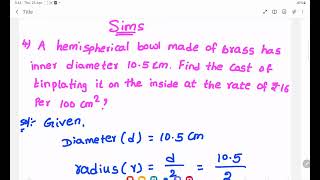 A hemispherical bowl made of brass has inner diameter 105 cm Find the cost of tinplating [upl. by Zarihs337]