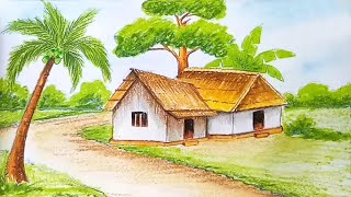 How to draw village scenery step by step with oil pastels [upl. by Jeffie529]