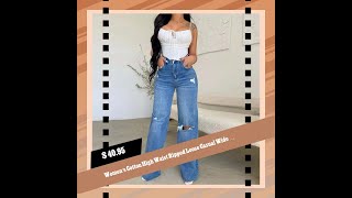 Womens Cotton High Waist Ripped Loose Casual Wide Leg Jean Pants [upl. by Madeline]