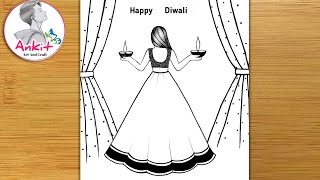 Beautiful Diwali Drawing EasyDiwali Festival Scenery Drawing For Beginners Diwali competition 2024 [upl. by Ameerahs]