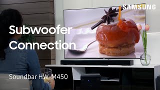 How to manually connect the Subwoofer To Your HWM450 Flat Soundbar  Samsung US [upl. by Adall]