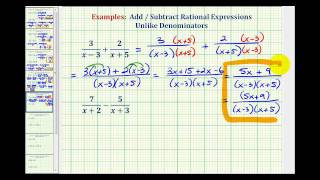 Ex 1 Add and Subtract Rational Expressions  Unlike Denominators [upl. by Nnayrrehs]