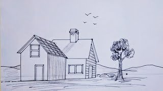 Gambar perspektif 1 titik hilang  how to draw a house [upl. by Enailuj]