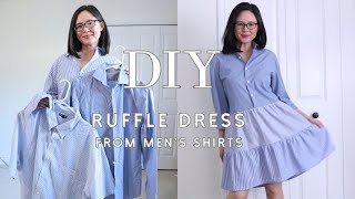 Upcycle men’s shirts into a ruffled dress  DIY thrift flip  Easy beginner sewing project [upl. by Sucam]