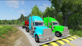 Double Flatbed Trailer Truck vs Speedbumps  Train vs Cars  Tractor vs Train  BeamNGDrive 123 [upl. by Stuppy]