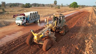 New Road Project Processing Powerful Motor Grader Pushing Red Land Compacted Subgrade Construction [upl. by Akinorev]