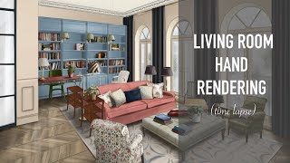 Interior hand rendering Procreate drawing process time lapse [upl. by Malia]