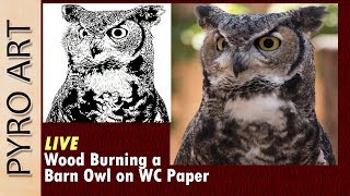 Pyrography LIVE Wood burning a Barn Owl on watercolor paper [upl. by Close667]