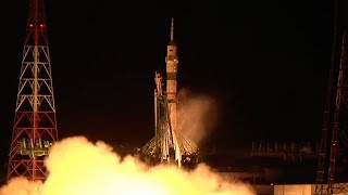 Blastoff Soyuz rocket launches USRussian crew to space station [upl. by Aitnyc]