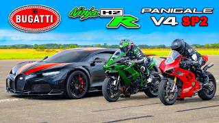 Bugatti Chiron SS v Kawasaki H2R v Ducati Panigale SP2 DRAG RACE [upl. by Roselani]