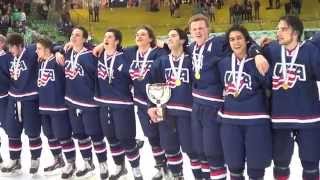 Team Sings Anthem After Winning Gold at 2014 IIHF U18 World Championship [upl. by Fihsak]