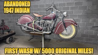 5000 Original Miles ABANDONED 1947 Indian Motorcycle  First Wash amp Drive in Decades [upl. by Leis]