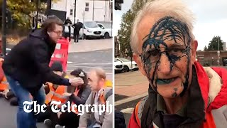 Insulate Britain protesters sprayed with ink as they block roads into London [upl. by Regina]