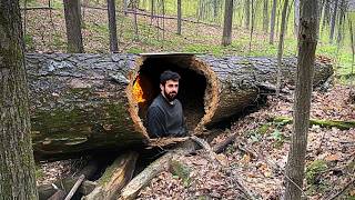 Man Builds SECRET SHELTER Inside Fallen Tree  Solo Survival by BushcraftHakankarahan [upl. by Aissilem246]