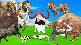 Giant Lion Fight Cow Cartoon Buffalo Gorilla Attack Tiger Cub Save By 5 Mammoth Elephant vs 5 Tigers [upl. by Jeraldine184]