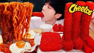 ASMR MUKBANG  치즈 불닭볶음면 amp 치토스 대왕 통 가래떡 튀김 핫도그 딸기 먹방 amp 레시피 FIRE NOODLES AND Tteokbokki EATING [upl. by Bronk695]