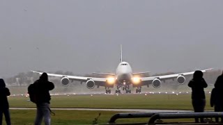 B747 Crosswind landings  massive reverse thrust quotStorm Angusquot [upl. by Ahtekahs]