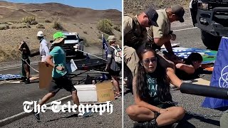 Police ram straight through climate activist blockade in Nevada [upl. by Steinway]