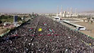 Massive protests in Yemen after US British strikes [upl. by Einotna699]