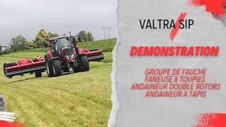 VALTRA  SIP  DÉMONSTRATION MATÉRIELS DE FENAISON  GROUPE DE FAUCHE FANEUSE ANDAINEUR À TAPIS [upl. by Beverly]