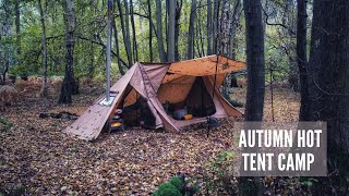 Hot Tent Camping  A Crisp Autumn Evening and Rainy NightMorning in the Pomoly StoveHut 70 30 [upl. by Ahsinnek22]