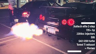 Big flames R34 GTR G42 turbo 2stepping at a car meet [upl. by Simaj]