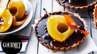 Chocolate ganache tartlets with muscatpoached pears  Gourmet Traveller [upl. by Idnat]