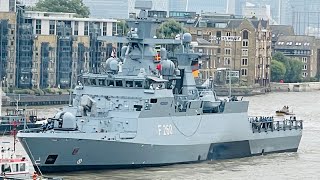 German warship Braunschweig F260 leaving London playing Star Wars  Darth Vader’s Imperial March [upl. by Attelliw]