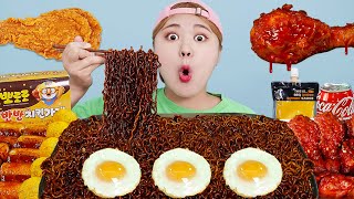 MUKBANG 직접 만든 짜파게티 뽀로로 양념치킨 치즈볼 먹방 BLACK BEAN NOODLES FRIED CHICKEN EATING SOUND  HIU 하이유 [upl. by Asaeret]