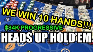 HEADS UP ULTIMATE TEXAS HOLDEM HOLDEM in LAS VEGAS CHASING THAT 34800 PROGRESSIVE [upl. by Evan]