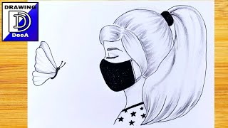 A Girl wearing a mask  pencil sketch How to draw a girl step by step Easy drawing for girls [upl. by Owens]