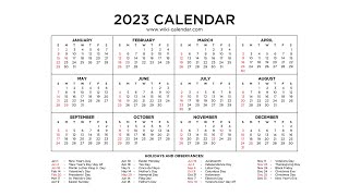 Year 2023 Calendar Printable with Holidays  Wiki Calendar [upl. by Yelwar992]