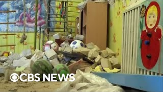 Firsthand look at Ukraine kindergarten hit by shell [upl. by Tarrance718]