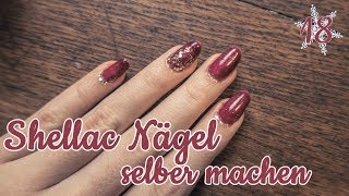 Shellac Nägel selber machen  Dunkelrot und Goldglitzer Nageldesign  Nicolas Christmas [upl. by Imeaj487]